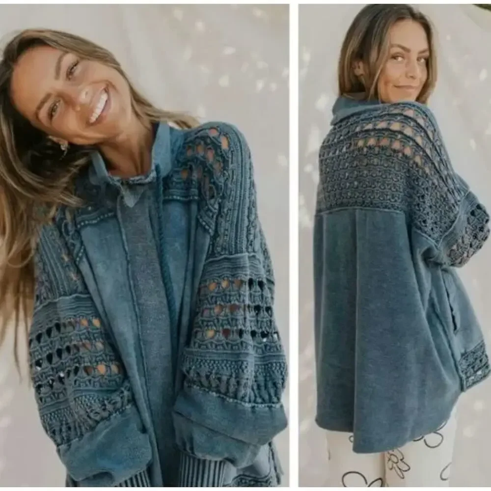Free People Charcoal Gray Openwork Knit Zip-Front Jacket - Picture 3 of 6